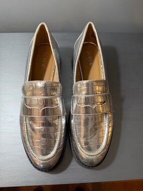 J. Crew Metallic Silver Croc-Embossed Leather Penny Loafers